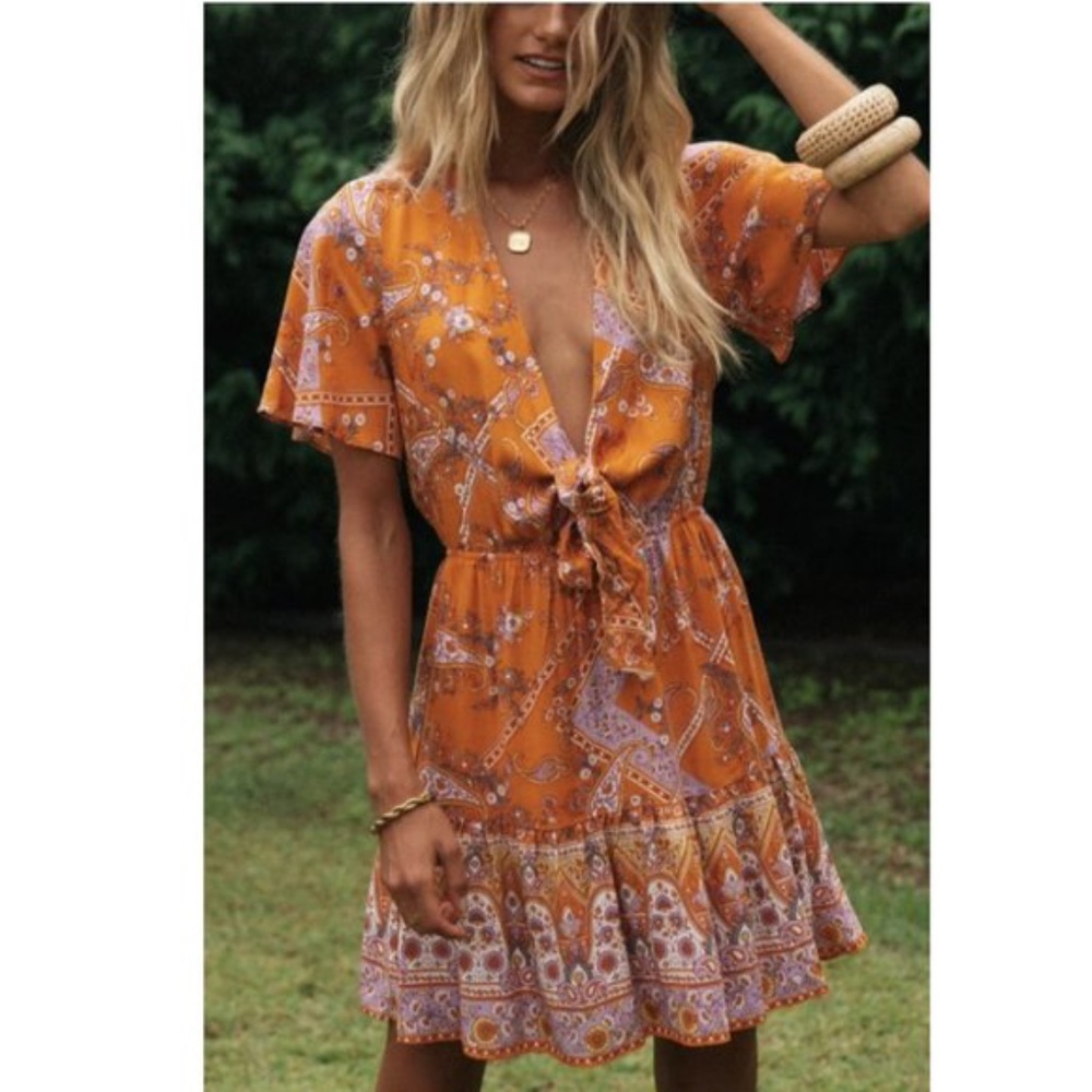 Boho Mustard Floral Plunging Neck Ruffle Dress